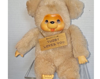 Vintage Russ Berrie Tubby Bear pluche Monchhichi-stijl rubberen gezichtsbruine teddybeer
