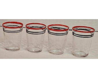 Vintage Juice Glasses Set of 4 Red Rim Black Stripes Mid Century Modern Retro
