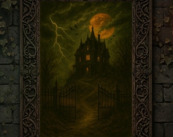 Gothic Haunted House Art Print, Spooky Halloween Decor (Digital Download)