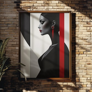 Röd & svart modeporträttposter – Lyxig glamourös rumsdekor (digital nedladdning)