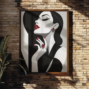 May include: A framed art print of a woman in a black hat and dress, with red lipstick and jewelry. The artwork is in black, white, and red tones, with a vintage aesthetic. The print is displayed on a brick wall.
