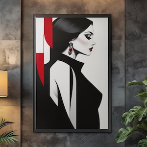 Konsttryck med röd och svart modekvinna – Glamoursilhuett (digital nedladdning)