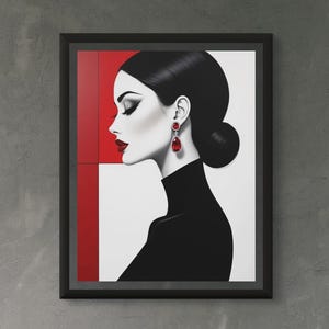 Może przedstawiać: Oprawiony wydruk artystyczny przedstawiający stylizowany portret kobiety w profilu. Grafika przedstawia czarny golf, ciemne włosy spięte w kok i czerwone kolczyki. Tło ma czerwono-biały geometryczny wzór.