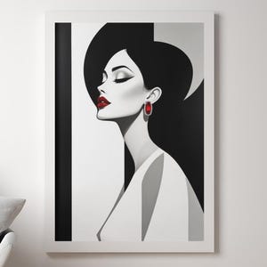 Puede incluir: Una impresión artística enmarcada que presenta un retrato estilizado de una mujer en blanco y negro. La mujer tiene cabello oscuro, lápiz labial rojo y aretes rojos. La obra de arte se exhibe en una pared blanca, con un sofá y objetos decorativos en primer plano.