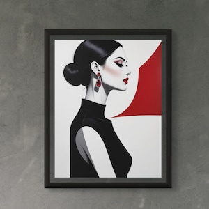 Może przedstawiać: Oprawiony wydruk artystyczny przedstawiający stylową kobietę w profilu, ubraną w czarną sukienkę i czerwone kolczyki. Grafika ma minimalistyczny design z czerwonym i białym tłem. Wydruk jest wyświetlany na szarej ścianie nad kominkiem.