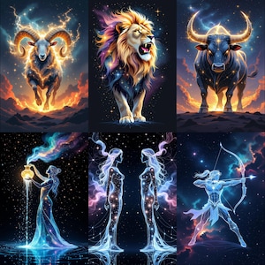 Zodiac Printable Wall Art Bundle - All 12 Celestial Astrology Wall Prints | Digital Download Wall Decor Gift | Printable Art Set