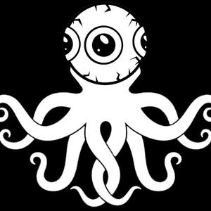 Puede incluir: Ilustración de un pulpo blanco con una cabeza en forma de ojo y ocho tentáculos rizados sobre un fondo negro. El ojo tiene tres pupilas y una textura agrietada. Los tentáculos están entrelazados en la base.