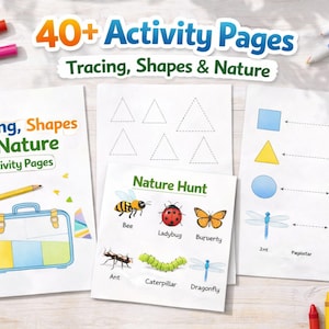 Puede incluir: Páginas de actividades para niños con temas de trazos, formas y naturaleza. Las páginas presentan ilustraciones de formas, insectos y otros elementos de la naturaleza. Se ven rotuladores y lápices de colores.