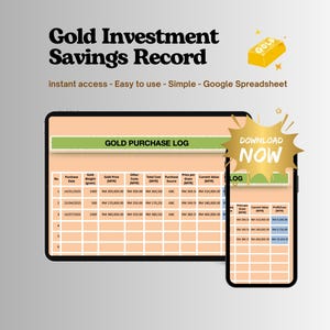 Op de afbeelding: Een digitale goudbeleggingsbesparingsrecord weergegeven op een tablet en smartphone. De tablet toont een spreadsheet met de titel "GOLD PURCHASE LOG". De afbeelding bevat de tekst "Gold Investment Savings Record" en een "Download Now" knop.