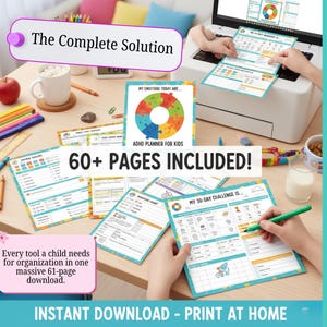 Könnte beinhalten: ADHS-Planer für Kinder mit über 60 Seiten, einschließlich Emotionstrackern und einer 30-Tage-Challenge. Das Bild zeigt verschiedene gedruckte Seiten, einen Laptop und eine Person, die mit einem grünen Stift schreibt. Der Text enthält "Die Komplettlösung" und "Sofort-Download - Drucken Sie zu Hause."