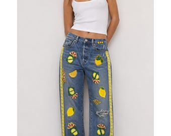 Upcycled Levi's 501 Jeans – Beaded Citrus Appliqué Denim, Side Stripe Festival Wear