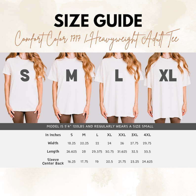 May include: Size guide for Comfort Color 1717 Heavyweight Adult Tee. The guide shows measurements in inches for sizes S, M, L, and XL. The width ranges from 18.25 to 24 inches, and the length ranges from 26.625 to 30.75 inches.