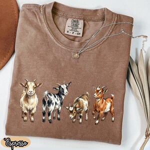 May include: Espresso-colored Comfort Colors t-shirt featuring a line of five goats in various colors. The shirt has a crew neck and short sleeves. A silver necklace with a small pendant rests on the shirt. The shirt is labeled S, P, CH.