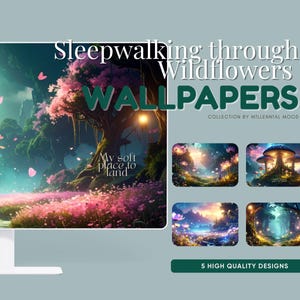 Sleepwalking through Wildflowers | Fantasy Desktop Wallpapers | Cartoon Aesthetic Digital Backgrounds | For PC and Mac | Instant Download