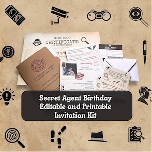 Puede incluir: Un kit de invitación de cumpleaños con temática de agente secreto con varios iconos relacionados con el espionaje. El kit incluye un certificado, un expediente, documentos clasificados y una invitación. Se muestra el texto "Secret Agent Birthday Editable and Printable Invitation Kit".