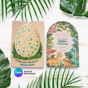 May include: A dinosaur-themed birthday invitation set. The invitation features an egg-shaped card with a dinosaur egg design and the text "A Roarsome Adventure Awaits Inside!". The matching invitation card has dinosaur illustrations and the text "Caleb's 4th Birthday!"