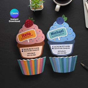 Modelo de Convite para Festa de Cupcakes – Convite Editável do Canva + Envelope com Bolso para Forro de Cupcake | Tema Doce de Aniversário