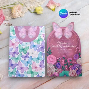 Convite de aniversário de borboleta faça você mesmo com envelope de bolso combinando | Convite editável para festa de aniversário de menina | Tema Jardim Pastel