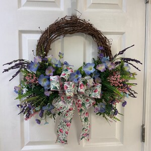 Spring Floral Grapevine Wreath with Bow – Handmade Door Decor