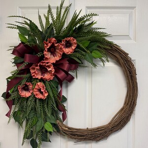 Burgundy Poppy Grapevine Wreath: Elegant Floral Front Door Decor