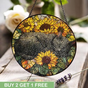 Sleeping Cat Stained Glass, Sunflower Suncatcher For Cat Lover, Gardener Hobby Window Hanging, Pet Memorial Gift, Mom Birthday Stained Glass