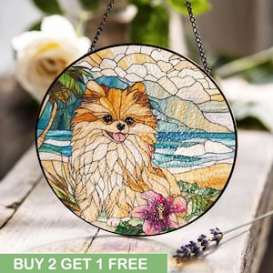 Pomeranian Dog Lover Staiend Glass, Beach Illustration Decor, Floral Pet Art, Cute Pomeranian Gift, Dog Owner Gift Idea, Pet Memorial