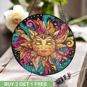 Bohemian Sun Face Stained Glass, Artistic Sunburst Stained Glass, Celestial Wall Art Stained Glass, Spiritual Decor Stained Glass, Nature