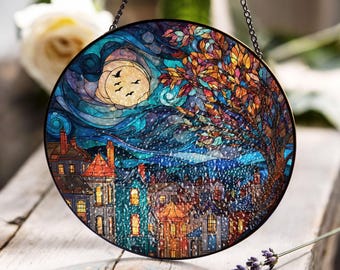 輝く月明かりの村のステンドグラスアート - 明るい月と星空の夜の建築