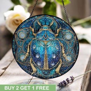 Scarab Beetle Stained Glass, Insect Lover Hobby Suncatcher, Spiritual Gift For Friend Window Hanging, Egyptian Rebirth Symbol Glass Decor