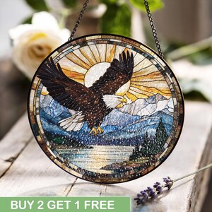 American Eagle Art For Nature Lover Hobb Stained Glass, Mountain Cabin Decor Gift For Dad, Suncatcher, Patriotic Wildlife Art, Suncatcher