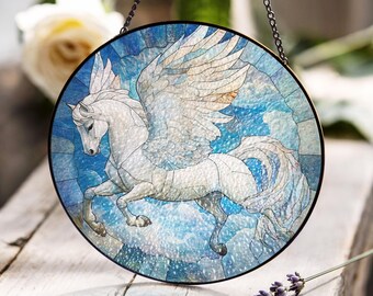 ステンドグラスのペガサスサンキャッチャー：神話の空飛ぶ馬の窓飾り
