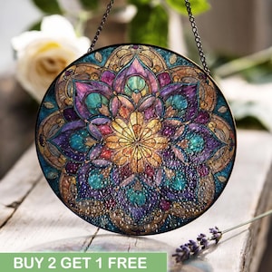 Spiritueel cadeau voor yogaleraar gebrandschilderd glas, meditatiekamer Suncatcher, zen mandala raam hangend, boho woondecoratie voor moeder glaskunst