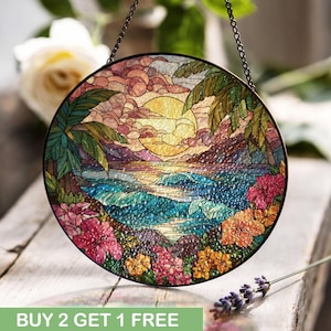 Beach Lover Stained Glass, Hawaiian Sunset Window Hanging, Ocean Scene Suncatcher, Coastal Decor Glass Art, Retirement Gift, Island Life