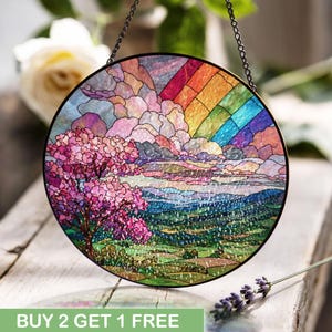 Rainbow Mountain Stained Glass, Cherry Blossom Suncatcher, Nature Lover Gift Window Hanging, Mom Sympathy Glass Art, Hope Stained Glass