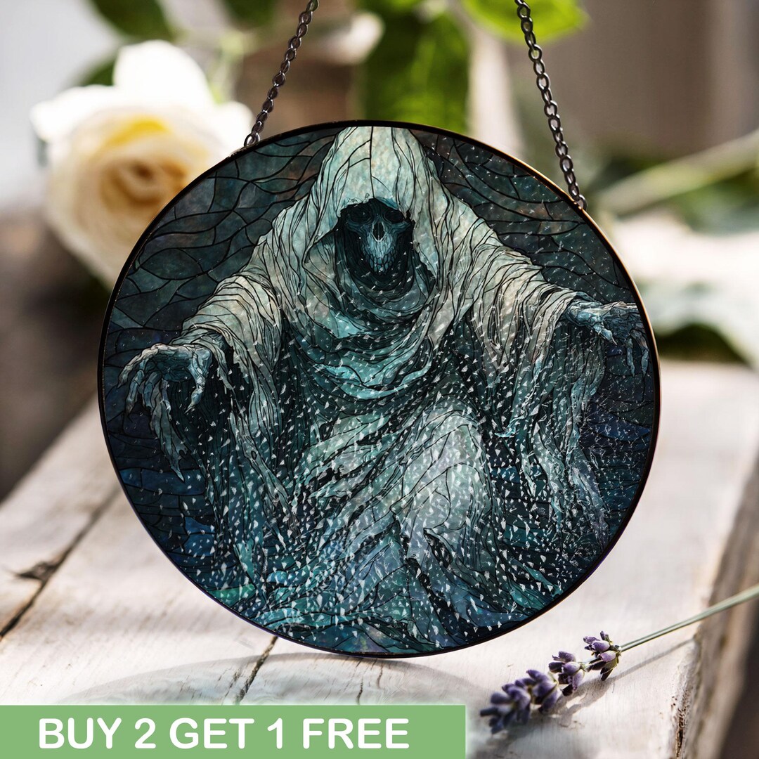 Gothic Grim Reaper Stained Glass, Dark Fantasy Skull Suncatcher, Horror ...