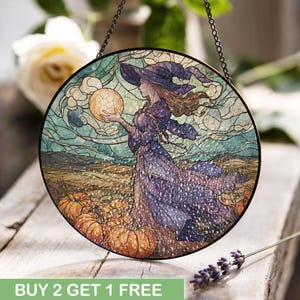 Halloweenhäxa, målat glas med hednisk skördegåva, fönsterhänge med wicca-vän, höstmagisk dekoration, målat glaspanel