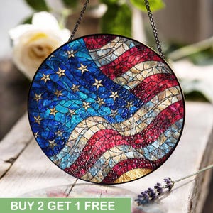 Patriottische vlag gebrandschilderd glas, 4 juli Suncatcher, USA Pride venster hangend, veteraan cadeau gebrandschilderd glas, militaire Memorial Day Decor