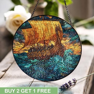 Viking Ship Stained Glass, Norse Longship Suncatcher, Scandinavian Dad Gift, History Buff Window Hanging, Nordic Mythology Lover Glass Art