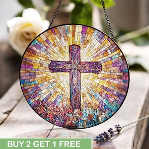 Christian Faith Cross Stained Glass, Religious Stained Glass Decor, Spiritual Gifts Christian Cross, Inspirational Easter Day Ornament