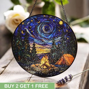 Camping Lover Gift Stained Glass, Night Sky Forest Adventure Wall, Stargazer Ornament, Camper Relationship Decor, Peaceful Outdoor Night Art