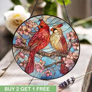 Vitrales de pájaros cardenal, vitrales para amantes de las aves, vitrales inspirados en la naturaleza, vitrales con decoración primaveral, vitrales con arte de jardín