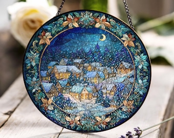 星とクリスマスツリーが描かれた雪のコテージのステンドグラスパネル