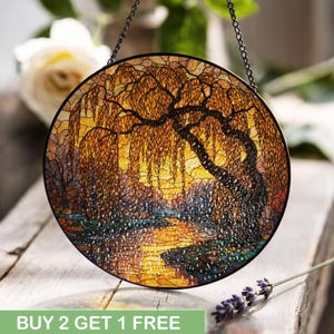 Weeping Willow Tree Stained Glass, Nature Lover Suncatcher, Sympathy Memorial Window Hanging, Gardener Gift, Tree Of Life Glass Panel Mom