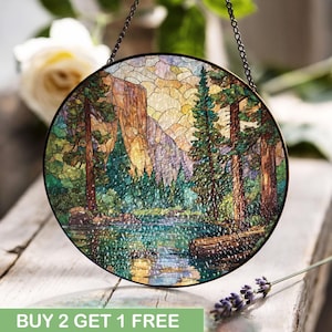 Nature Landscape Stained Glass, Mountain River Scene Stained Glass, Forest Outdoors Window Decor Stained Glass, Hiking Adventure Wall Art