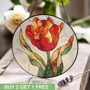Red Tulip Flower Stained Glass, Botanical Decor Stained Glass, Garden Lover Stained Glass, Spring Bloom Stained Glass, Nature Art Stained