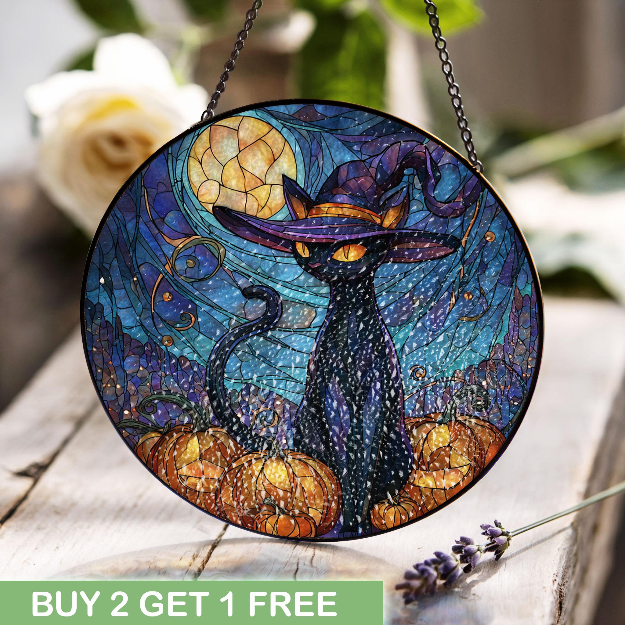 ハロウィンの黒猫ステンドグラス、魔女猫ステンドグラス、パンプキン