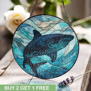 Shark Lover Hobby Stained Glass, Marine Biologist Job Gift Suncatcher, Ocean Enthusiast Window Hanging, Dad Birthday Gift Wall Art Decor