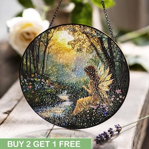 Magical Fairy Garden Art Stained Glass, Fantasy Fairy Decor, Mystical Forest Fairy, Whimsical Nature Lover, Enchanted Woodland Scene, Decor