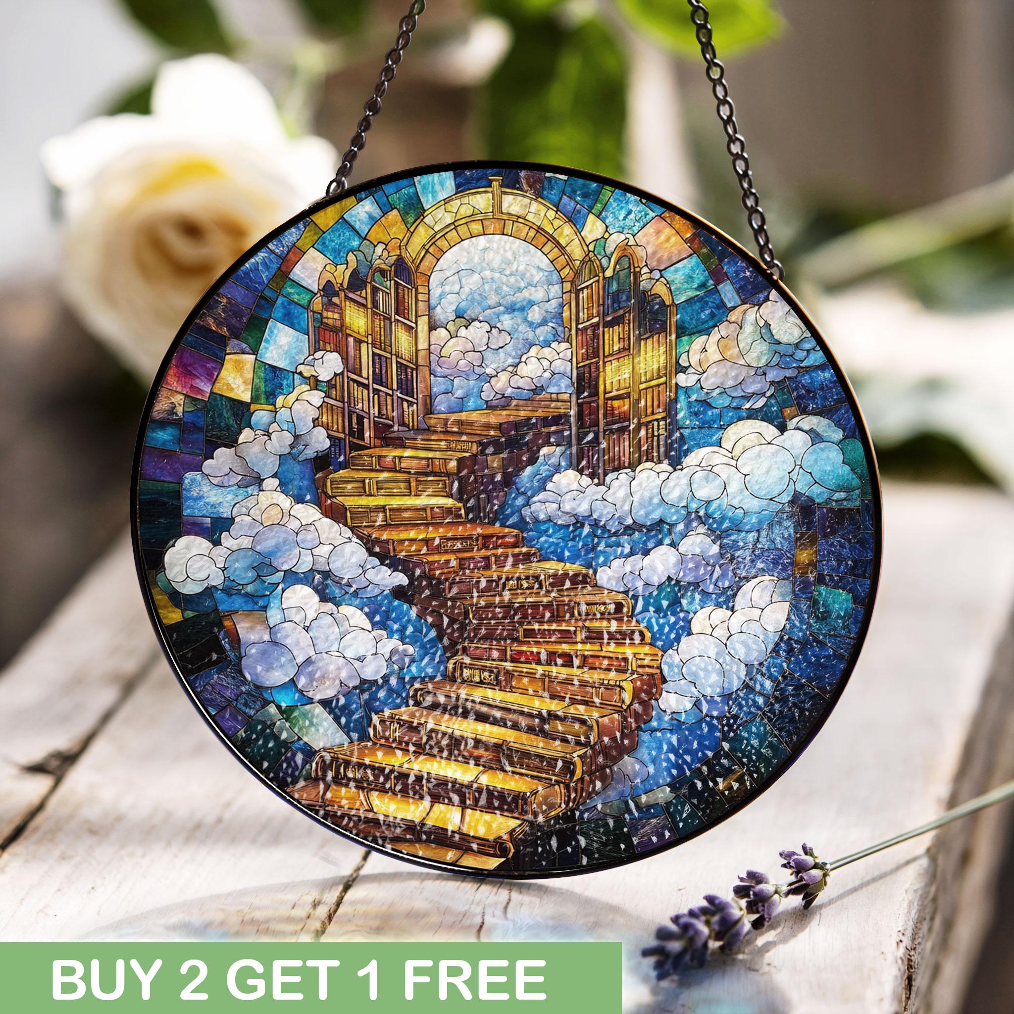 天国への階段 宗教的ステンドグラス、追悼の窓飾り、喪失への弔意の