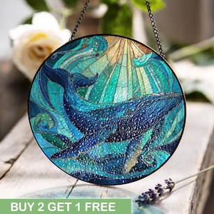 Whale Lover Gift For Marine Biologist Stained Glass, Ocean Life , Nautical Decor For Coastal Home, Animal Lover Hobby Art Stained Glass